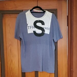Casual Blue and White Short Sleeve Tee with Bold Front Design